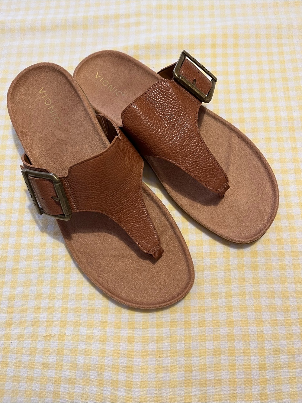 Vionic Brown Leather Buckle Toe-Post Sandals